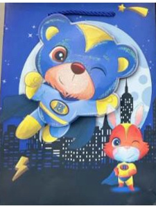 Dream Cards Пакет подарочный мат.лам,глиттер,3Dэл. 18х23х10см(М), Мишка герой, 210 г ПКП-9214