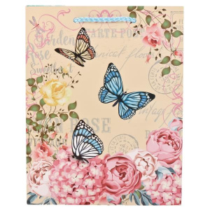 ПАКЕТ ПОДАРОЧНЫЙ 'ВЕСЕЛЫЙ ПРАЗДНИК' ЦВЕТЫ И БАБОЧКИ. 18X23X9СМ, ГЛЯНЦЕВЫЙ В ПАК. УП-12ШТ в кор.12уп