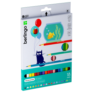Карандаши цветные Berlingo /SuperSoft. Жил-был кот/, 18цв., трехгран., заточен., картон, европодвес 
