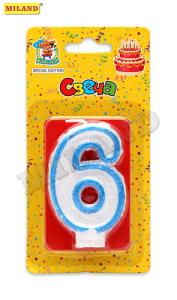 Свеча для торта с синей окантовкой с блёстками Цифра 6 С-1104