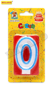 Свеча для торта с синей окантовкой с блестками Цифра 0 С-1768