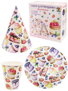 Набор для праздника Вкусняшки  (тарелка 6шт, стаканы 6 шт, колпаки 6 шт) ФЛ-6210
