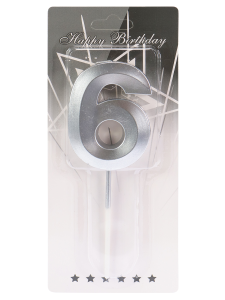 Свеча для торта Серебряный стиль Цифра 6 С-2978, ш/б 50