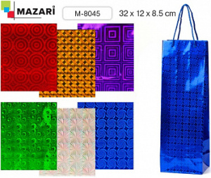 Пакет подарочный бумажный ПОД БУТЫЛКУ,  ГОЛОГРАФИЯ, 32x12x8.5 см