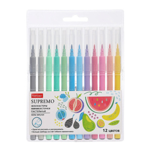 Фломастеры Hatber миникисть 12 цв. пастельные -Supremo-  в блистере с европодвесом