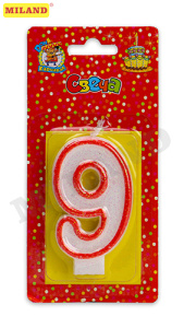 Свеча для торта с красной окантовкой с блестками Цифра 9 С-2414