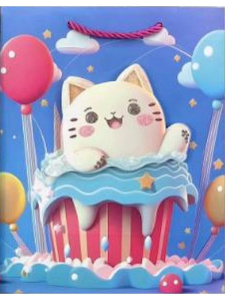 Dream Cards Пакет подарочный мат.лам,глиттер,3Dэл. 18х23х10см(М), Котик праздничный, 210 г ПКП-9227