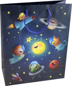 Бумажный пакет для сувенирной продукции с ламинацией, с шириной основания 26 cм, плотность бумаги 14