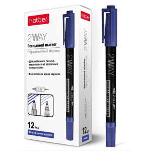 Маркер перманентный Hatber 2WAY Двухсторонний 1 mm/0,5 mm закругленный пишущий узел Синий 12шт. в ка