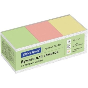 Самоклеящийся блок OfficeSpace, 38*51мм, 12 блоков по 100л., 3 пастельных цвета 362434