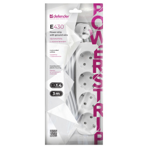 Удлинитель Defender E430, 4 розетки, с заземлением, 3м, белый 99226 (10013160/170624/5038530, Китайс