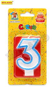 Свеча для торта с синей окантовкой с блёстками Цифра 3 С-1101