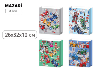 Пакет подарочный бумажный МАШИНКИ, 26*32*10 см, 4 дизайна в ассортименте