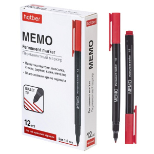 Маркер перманентный Hatber Memo закругленный пишущий узел 1мм Красный 12шт. в картонной коробке