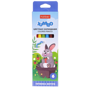 Карандаши цветные Hatber утолщен. шестигр. корпус 6 цв. JUMBO серия -На полянке-  с точилкой в карто