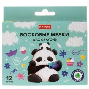 Мелки восковые 12 цв.-Плюшевые панды- круглый корпус диаметр 11мм JUMBO в карт. короб. с европодвесо