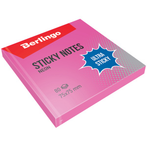 Самоклеящийся блок Berlingo /Ultra Sticky/, 75*75мм, 80л, розовый неон LSn_39203