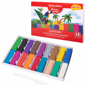 Пластилин классический BRAUBERG /МАГИЯ ЦВЕТА NEW/, 18 цветов, 360 грамм, стек, ВЫСШЕЕ КАЧЕСТВО, 1064