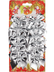 Новогоднее украшение.Набор ёлочных бантов, 12 шт. Яркий праздник, серебряные 5,5 см НУ-5940