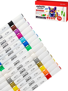 Акриловые маркеры двуст., набор 14 шт (МП-4860), 2 белых цв., 2 металлик цв., в к/к