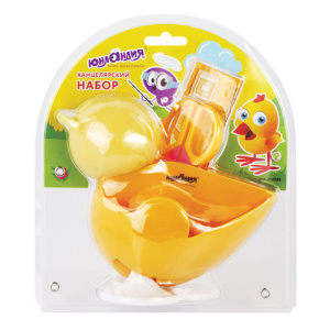 Канцелярский детский набор ЮНЛАНДИЯ /ЦЫПЛЕНОК/, 4 предмета: подставка, линейка со скрепками, ножницы