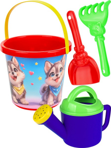 НАБОР №118  (ВЕДРО №8 (0.85л.) ВЕСЁЛЫЕ ЩЕНКИ+ лейка+ лопатка 13 см + грабли 13 см) (арт. НАБ-4801)