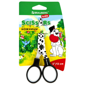 Ножницы 130 мм с цветной печатью /Далматин/, чёрно-белые, закругленные, BRAUBERG KIDS, 232276