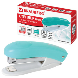 Степлер №10 BRAUBERG /Original/, до 12 листов, с антистеплером, бирюзовый, 227765