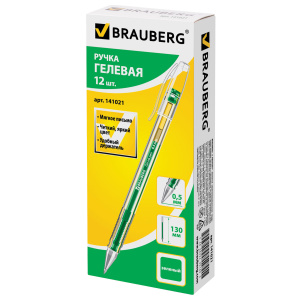 Ручка гелевая BRAUBERG /Jet/, ЗЕЛЕНАЯ, корпус прозрачный, узел 0,5 мм, линия письма 0,35 мм, 141021