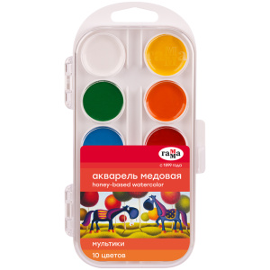 Акварель Гамма /Мультики/ NEW, медовая, 10 цветов, без кисти, пластик. упак., европодвес 211046_10