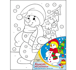 Холст с красками 20х25 см по номерам. СНЕГОВИК С ЁЛКОЙ (Арт. Х-7709)