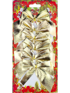 Новогоднее украшение.Набор ёлочных бантов, 6 шт. Золотые бантики, 8 см. НУ-4449