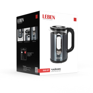 LEBEN Чайник электрический 1,8л, 1500Вт, стеклянная колба, металл, пластик, серый (10702070/211025/5