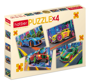 ПАЗЛЫ для детей 8-12-15-20 элементов А5ф 200х140мм /4 картинки в 1 коробке/  -Неоновый драйв-