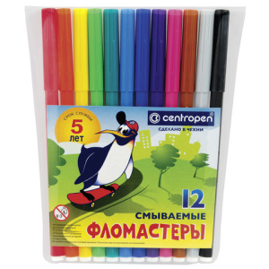Фломастеры CENTROPEN, 12 цветов, /Пингвины/, смываемые, вентилируемый колпачок, полибег, 7790/12