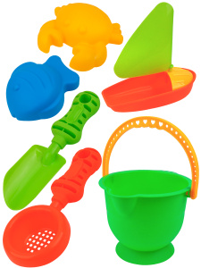 Песочный набор (ведерко,лопатка,сито,кораблик,2 формочки, в сетке) цвет микс ( Арт. ИК-2329)