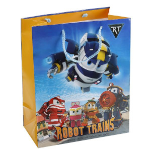 ПАКЕТ ПОДАРОЧНЫЙ 'ВЕСЕЛЫЙ ПРАЗДНИК' РОБОТ ТРЕЙНС 26Х32Х14СМ, БУМ., ГЛЯНЦЕВЫЙ В ПАК УП-12ШТ в кор.6уп