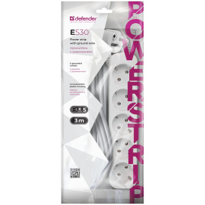 Удлинитель Defender E530, 5 розеток, с заземлением, 3м, белый 99230 (10013160/240924/5114098, Китайс