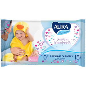 Салфетки влажные Aura /Ultra comfort/, 15шт., детские, универсал. очищающие, без спирта 8110/8492/97