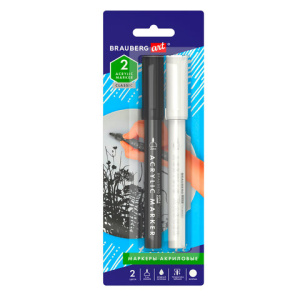 Маркеры акриловые для рисования и хобби BRAUBERG, НАБОР 2 шт., ЧЁРНЫЙ/БЕЛЫЙ, наконечник 2 мм, 152148