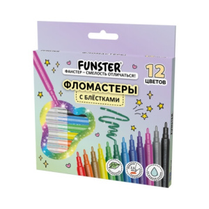 Фломастеры с блестками FUNSTER (ФАНСТЕР) /GLITTER/ 12 цветов, ударопрочный наконечник, 152629