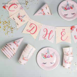 Набор бумажной посуды /Единорог/, 6 тарелок, 6 стаканов, 6 колпаков, 1 гирлянда