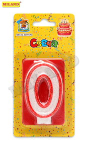 Свеча для торта с красной окантовкой с блёстками Цифра 0 С-1096