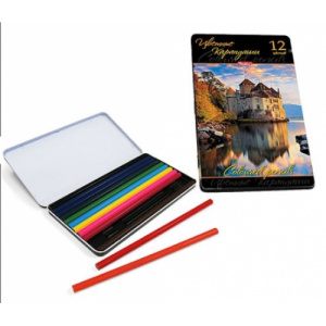 Карандаши 12 цв. (Хатбер) /Европейский замок/ шестигран.корпус, в метал.пенале BKc_12411