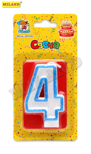 Свеча для торта с синей окантовкой с блёстками Цифра 4 С-1102