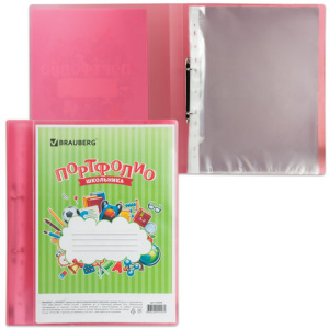 Папка для портфолио школьника, 2 кольца, 20 файлов, пластик полупрозрачный, красная, BRAUBERG, 12655