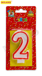 Свеча для торта с красной окантовкой с блестками Цифра 2 С-2407