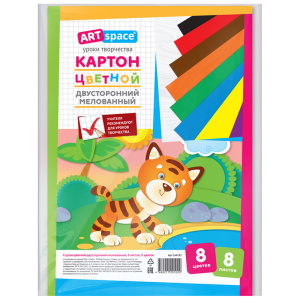 Картон цветной двусторонний A4, ArtSpace, 8л., 8цв., мелованный, в пакете 264192