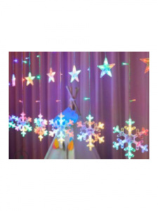 Гирлянда Штора со снежинками и звездами, прозрачная нить,12+126разноц ламп, 1 реж  3,5 м*0,7 НУ-3660