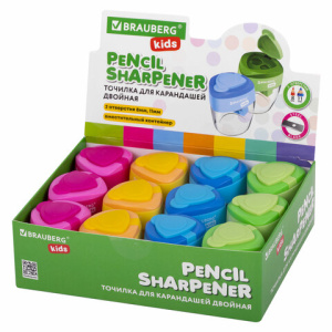 Точилка BRAUBERG KIDS /MAXI/, 2 отверстия, с большим контейнером, трехгранный корпус, цвета ассорти,
